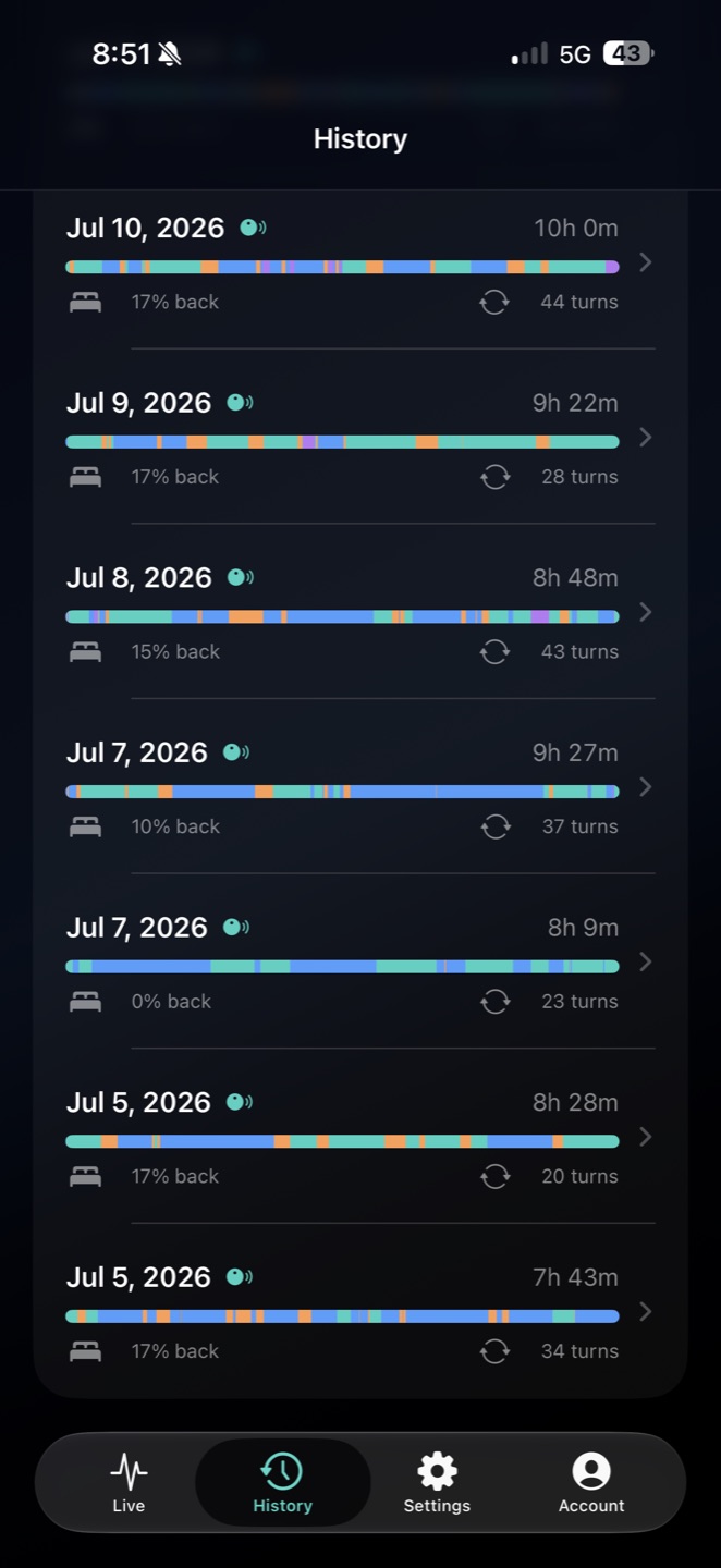 NightPosture History list showing multiple nights with color-coded position timelines, Back percentages, and turn counts