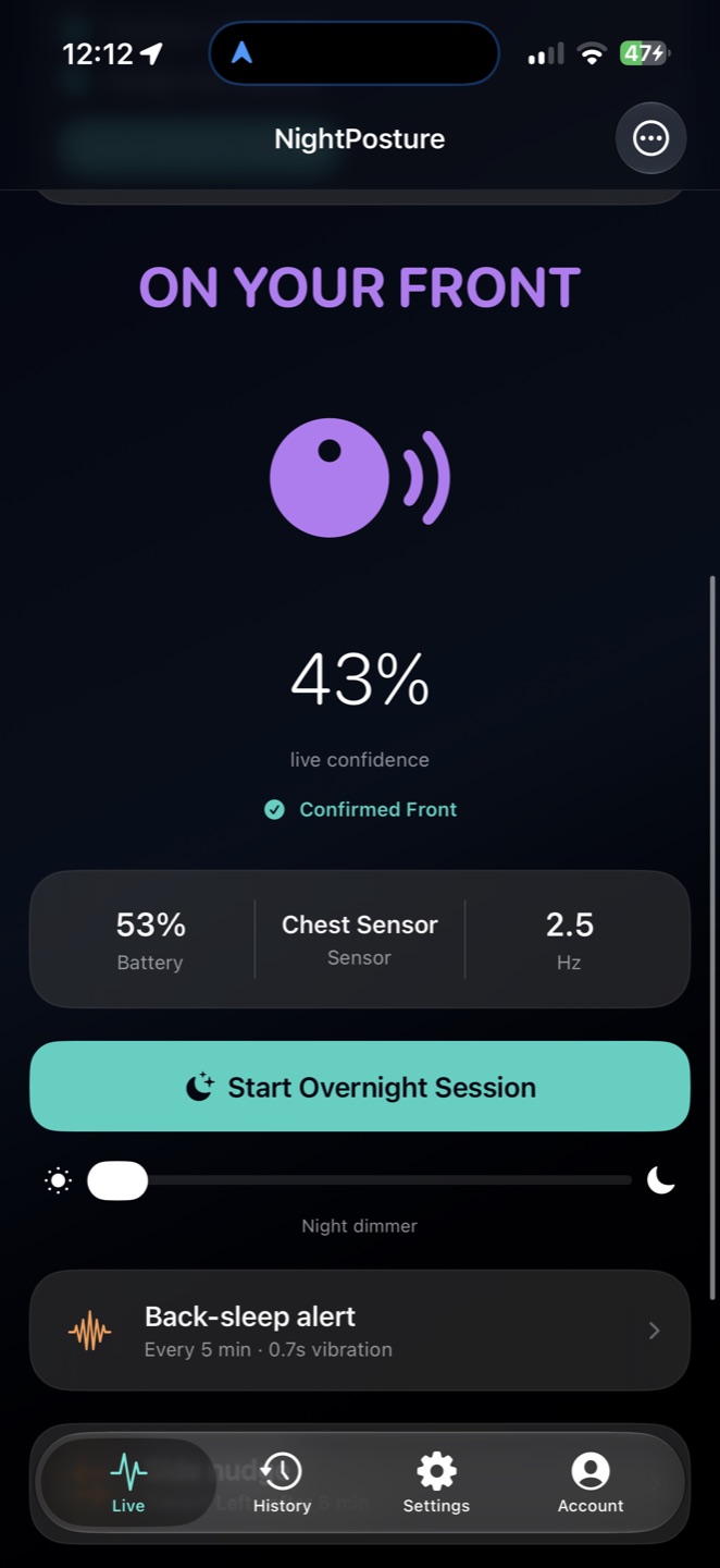 NightPosture app — Live Tracking screen