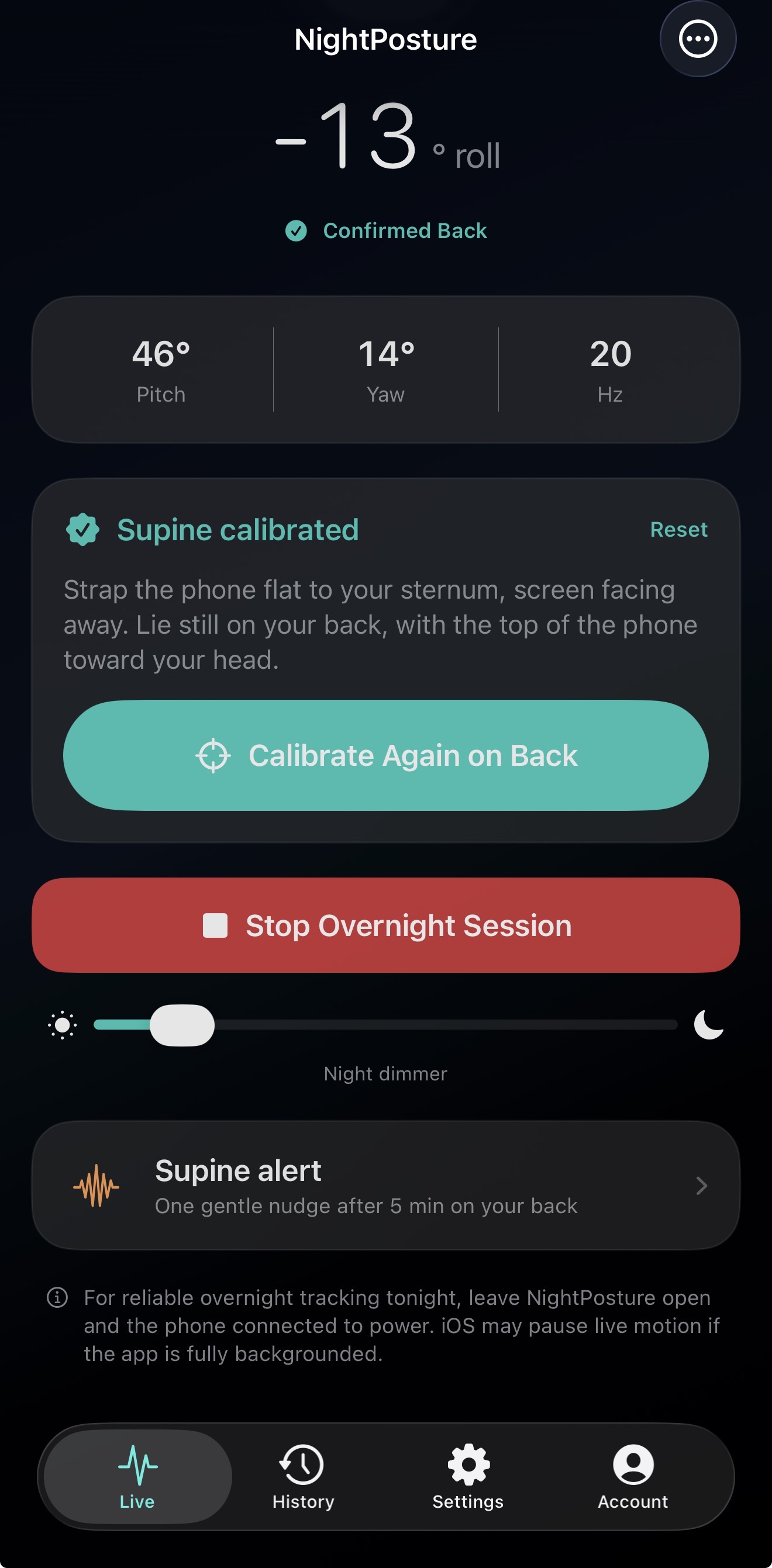 NightPosture app — Active Session screen