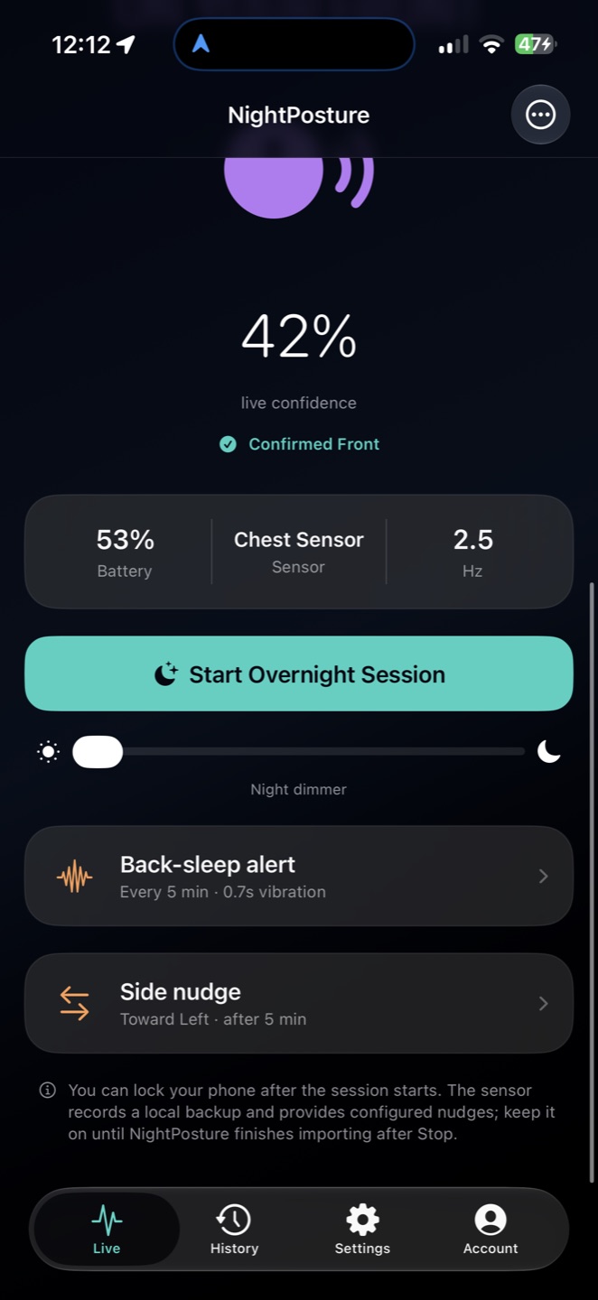 NightPosture app — Nudge Settings screen
