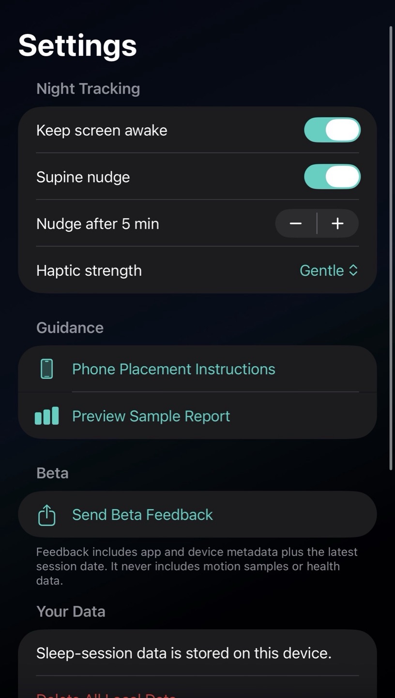 NightPosture app — Settings screen